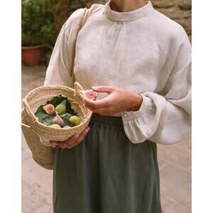 Sauths Agnes Beige Cream Linen Blend Size S Round Neckline Long Sleeve Blouse